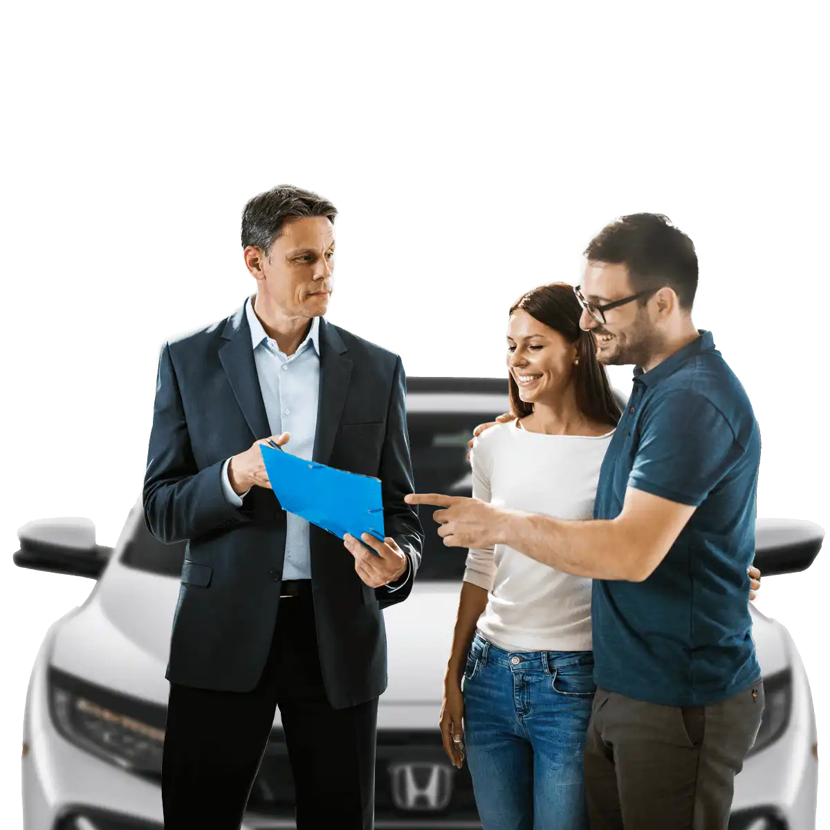 Two people talking to car sales person with a white car behind them