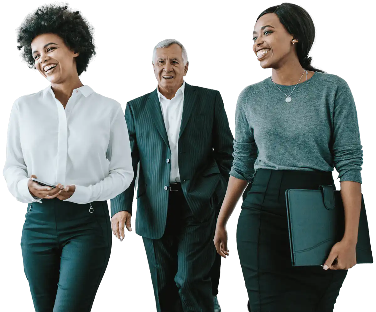 Three employees walking together