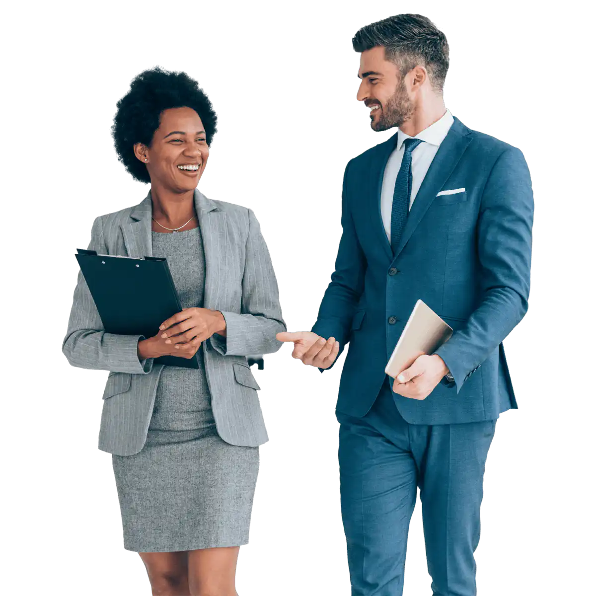 two employees walking and smiling