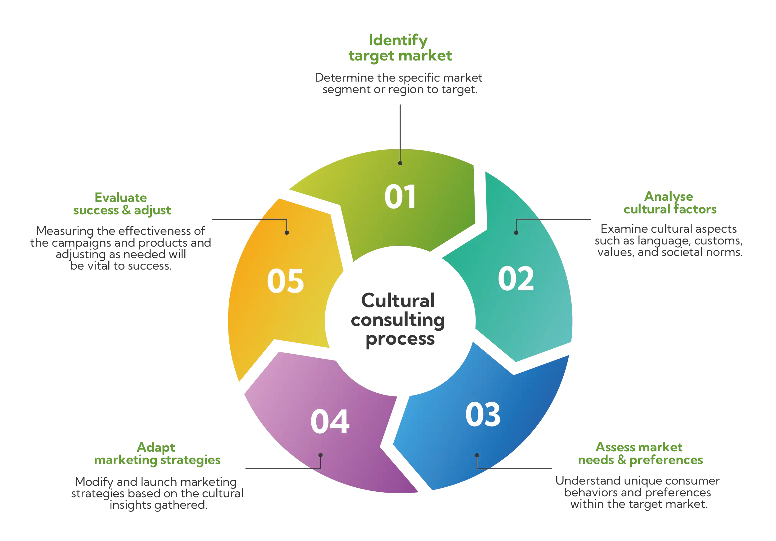 Step 1: Identify target market Step 2: Analyze cultural factors Step 3: Assess market needs and preferences Step 4: Adapt Marketing strategies Step 5: Evaluate success & adjust