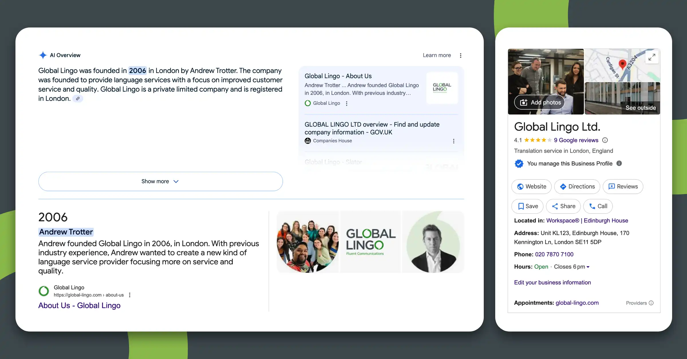 Knowledge graph entities that are related to the search term "Global Lingo"