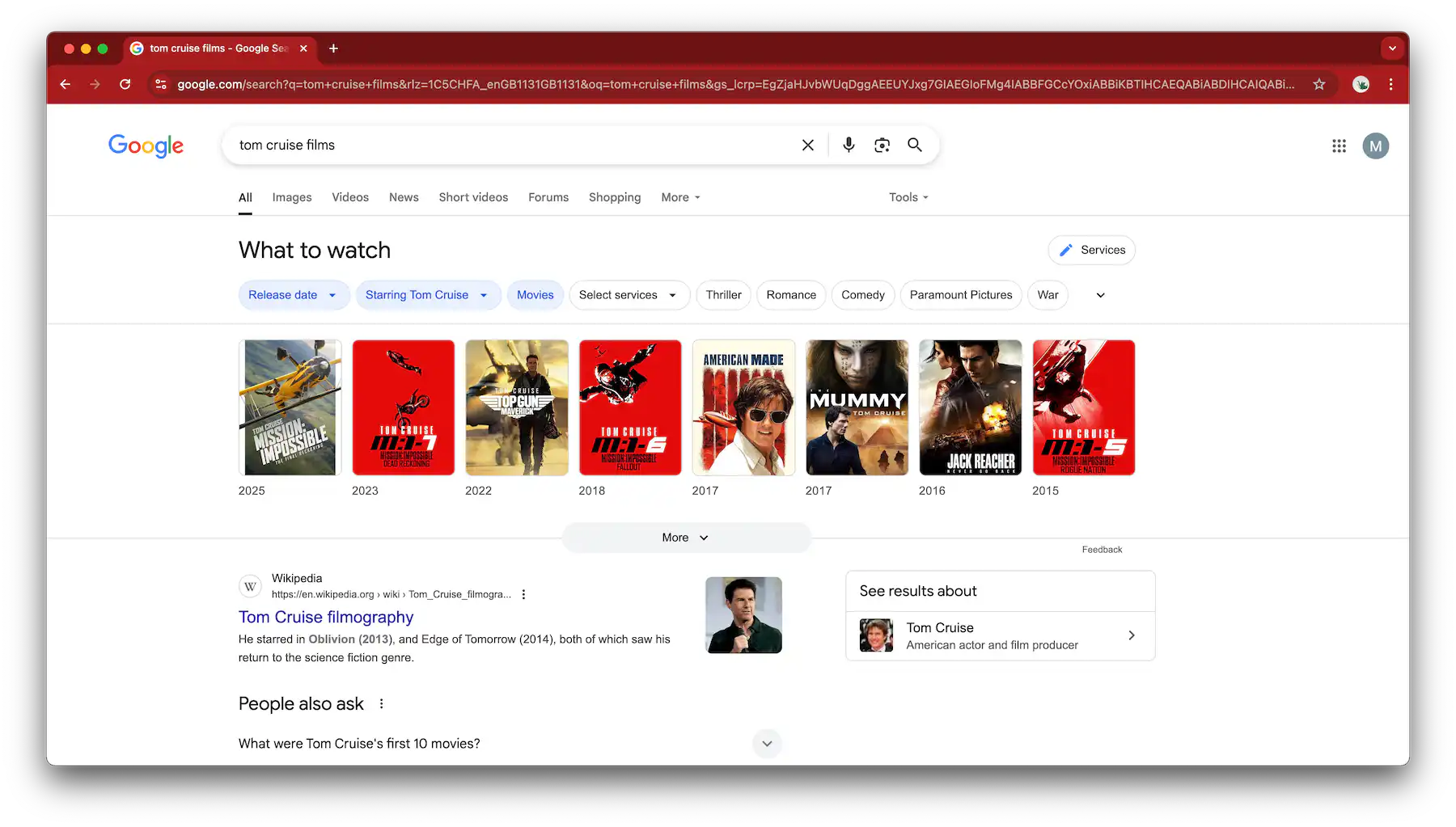 A screenshot of Google Search results for the search term: 'tom cruise films'