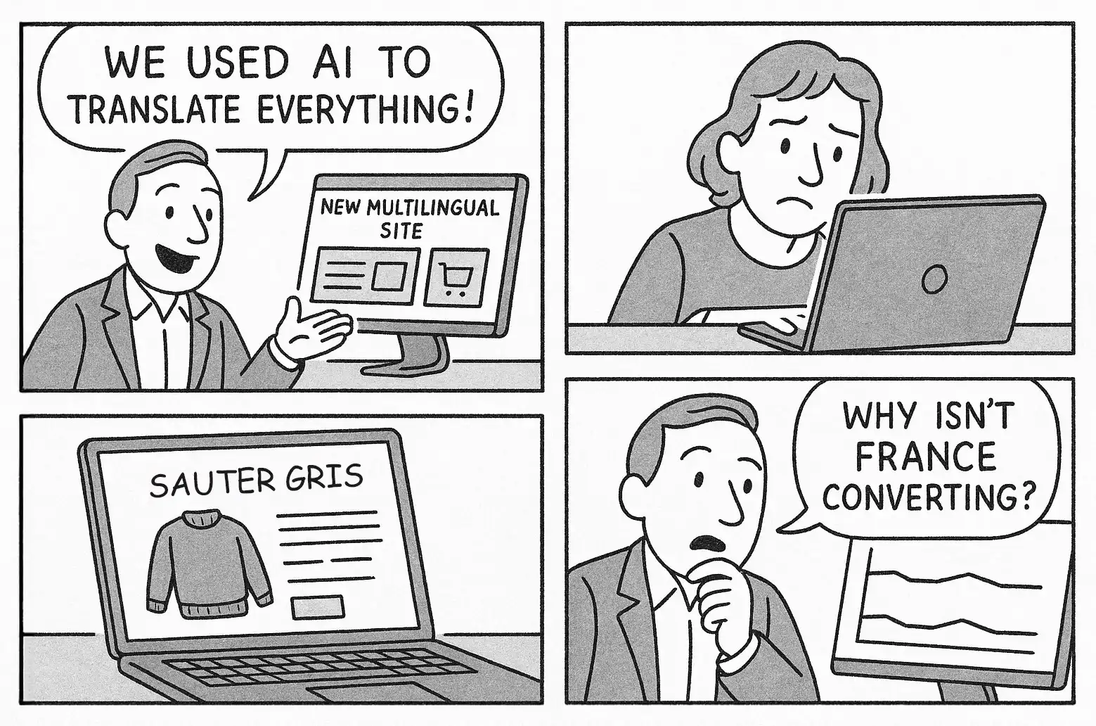 4 panel comic strip criticizing the limitations of AI translations if left unchecked.