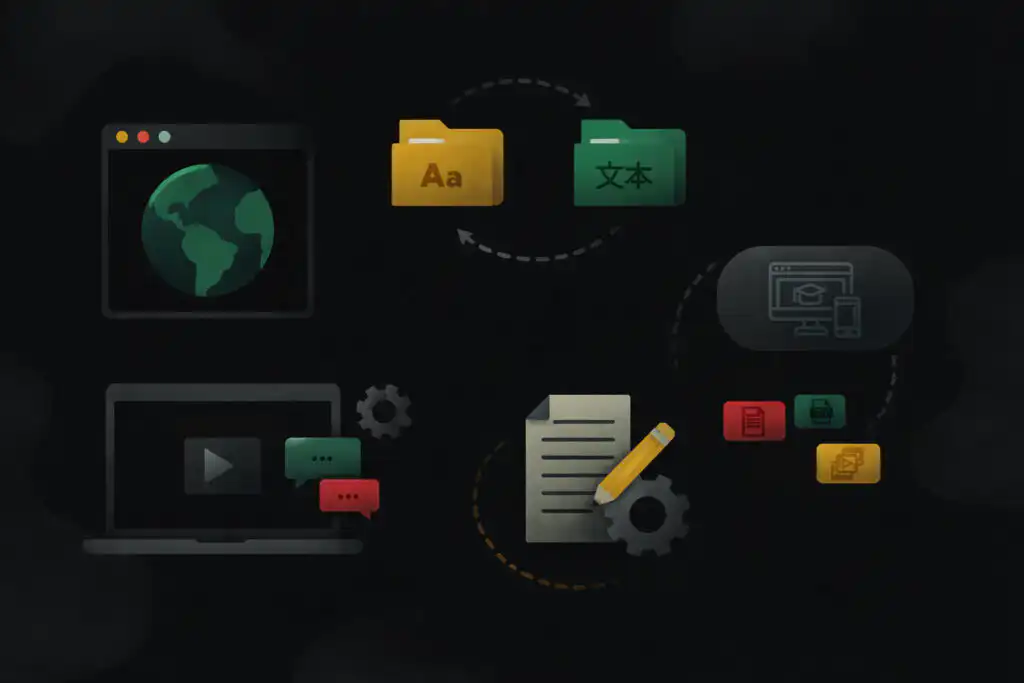 A dark abstract graphic of a localization workflow showing text and multimedia icons transforming into packaged files.
