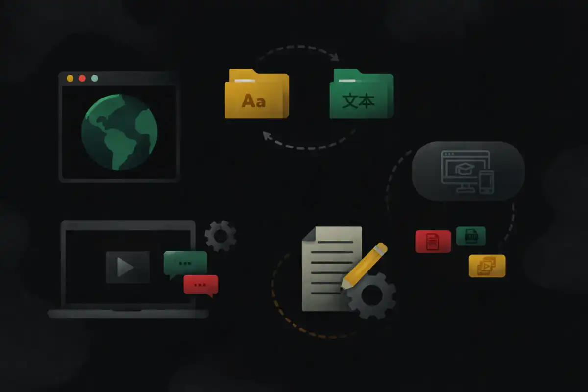 A dark abstract graphic of a localization workflow showing text and multimedia icons transforming into packaged files.