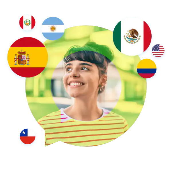 Portrait of a Spanish language specialist in a speech bubble with Spain, Mexico, and USA flags. Spanish Language Services