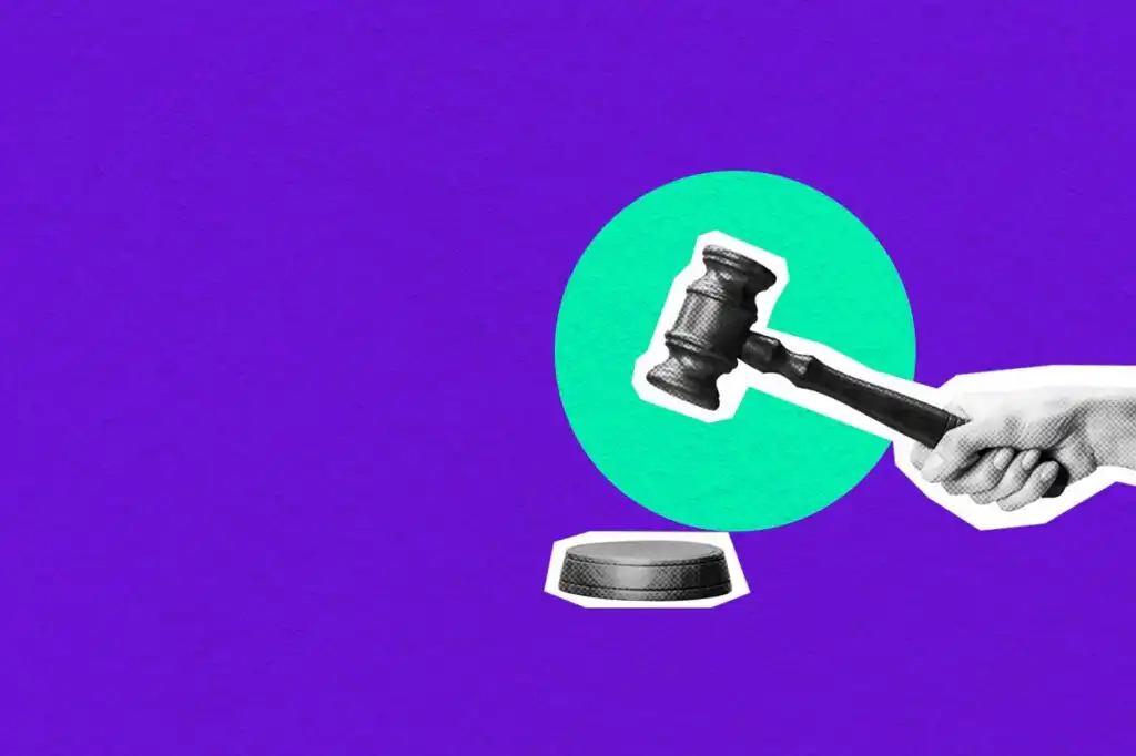 a black and white collage style photo of a hand with a gavel on a teal background. The left side is plain purple