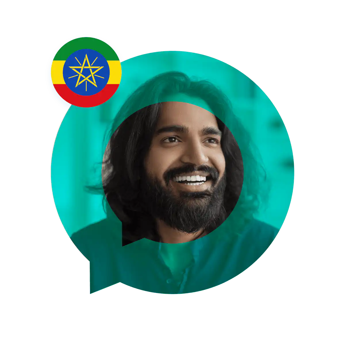 Portrait of an Amharic language specialist in a speech bubble with the Ethiopia flag. Amharic Language Services