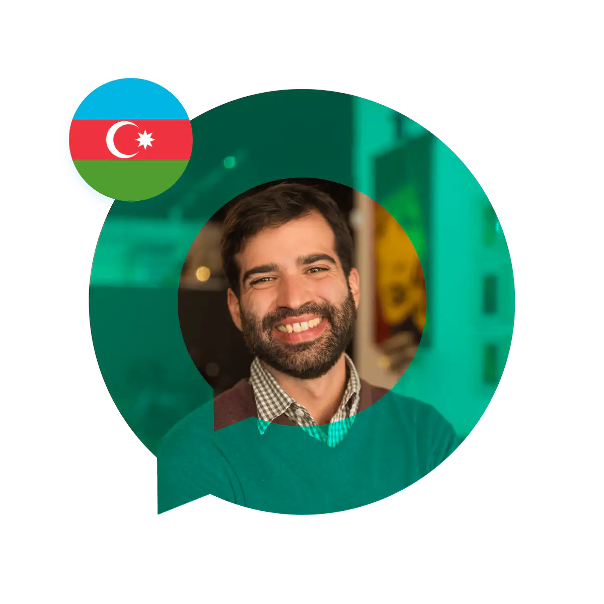 Portrait of an Azeri language specialist in a speech bubble with the Azerbaijan flag. Azeri Language Services