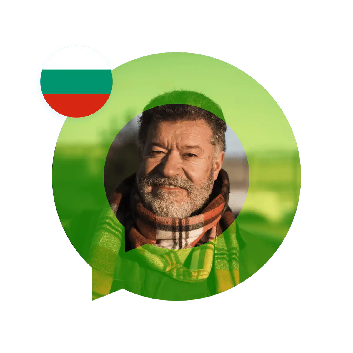 Portrait of a Bulgarian language specialist in a speech bubble with the Bulgaria flag. Bulgarian Language Services.