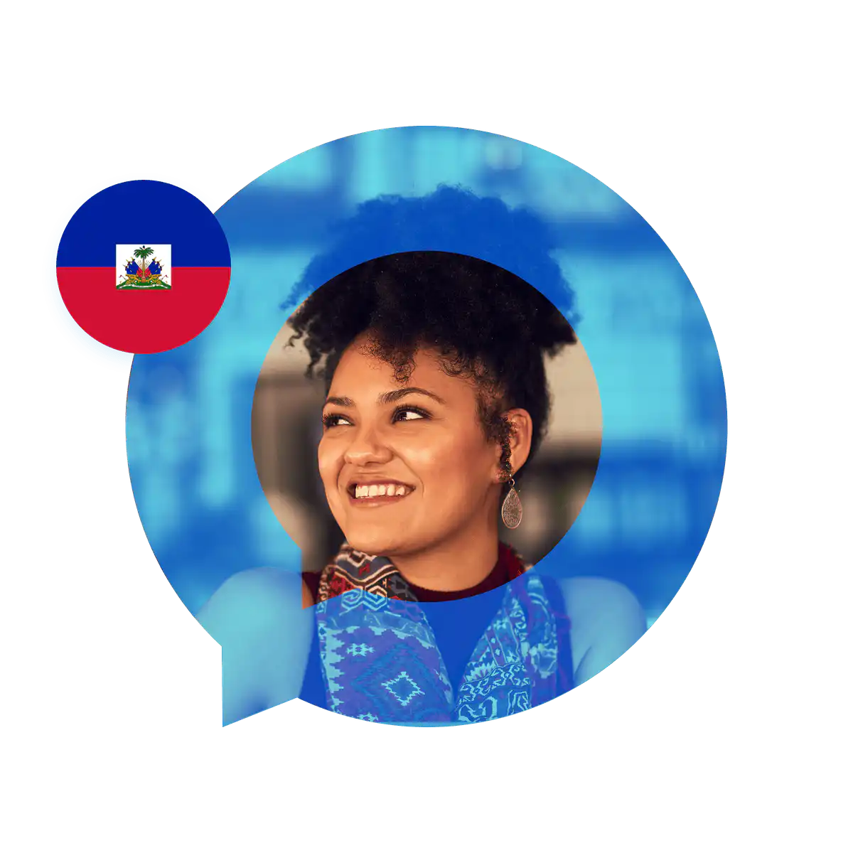 Portrait of a Creole language specialist in a speech bubble with the Haiti flag. Creole Language Services