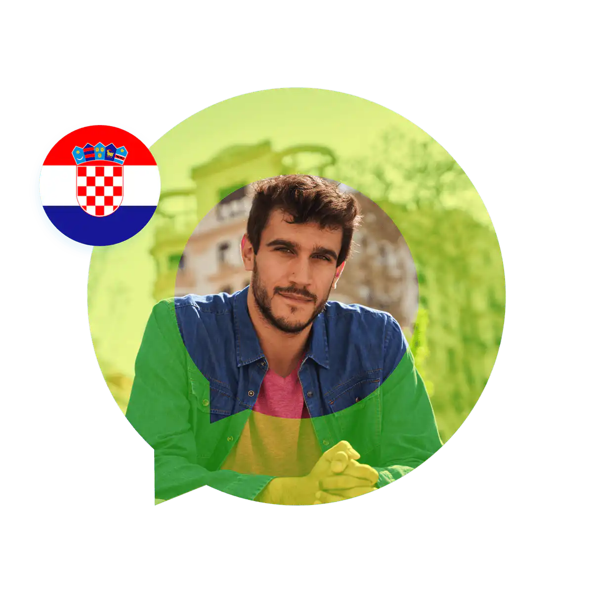 Portrait of a Croatian language specialist in a speech bubble with the Croatia flag. Croatian Language Services