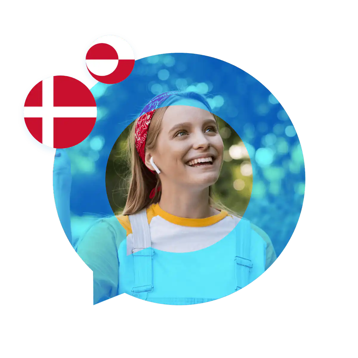 Portrait of a Danish language specialist in a speech bubble with the Denmark and Greenland flags. Danish Language Services
