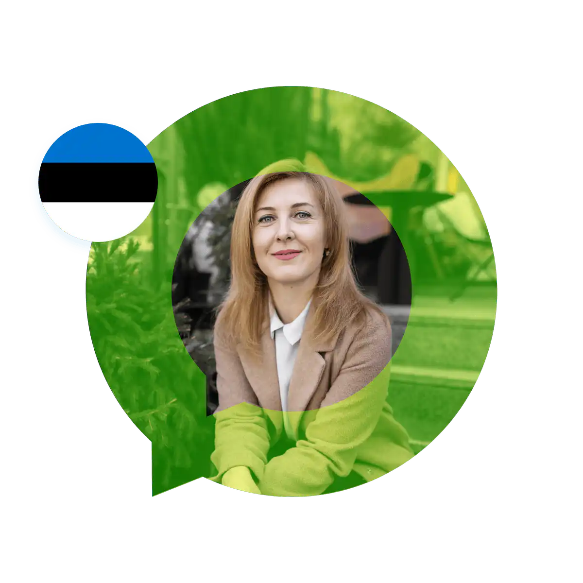 Portrait of an Estonian language specialist in a speech bubble with the Estonia flag. Estonian Language Services