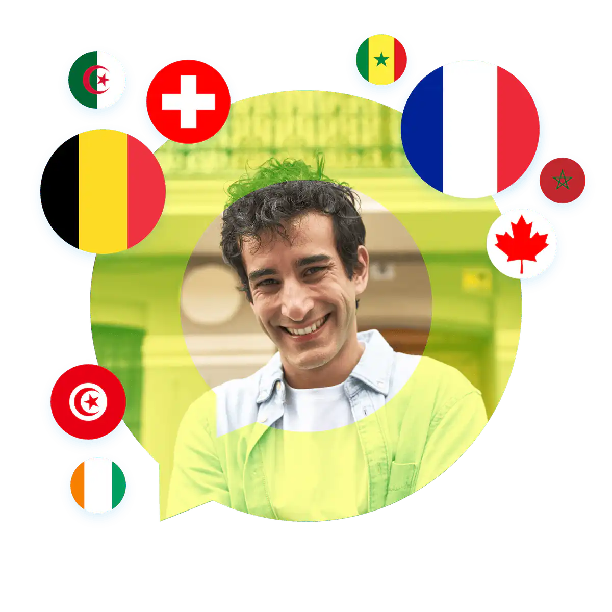 Portrait of a French language specialist in a speech bubble with France, Canada, and Belgium flags. French Language Services
