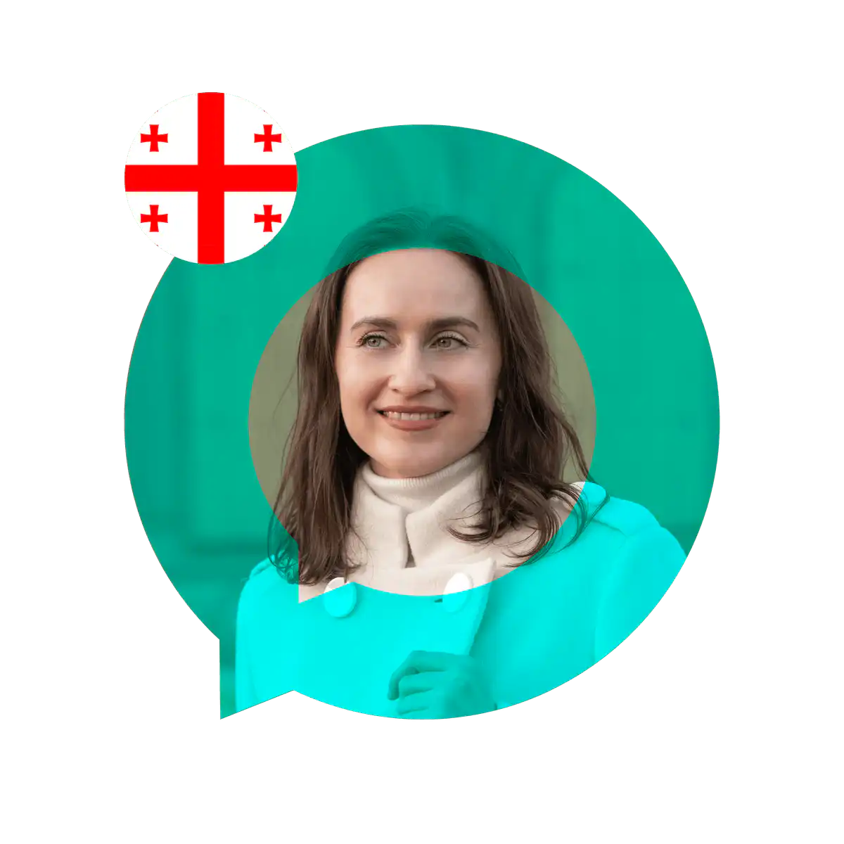 Portrait of a Georgian language specialist in a speech bubble with the Georgia flag. Georgian Language Services