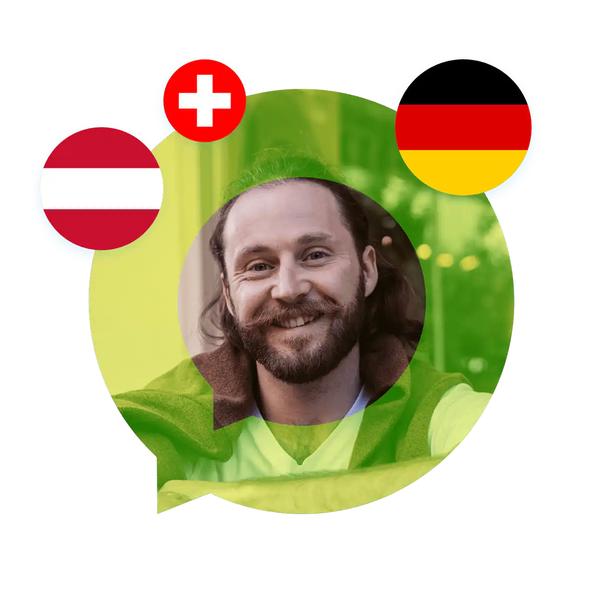 Portrait of a German language specialist in a speech bubble with Germany, Austria, and Switzerland flags. German Language Services