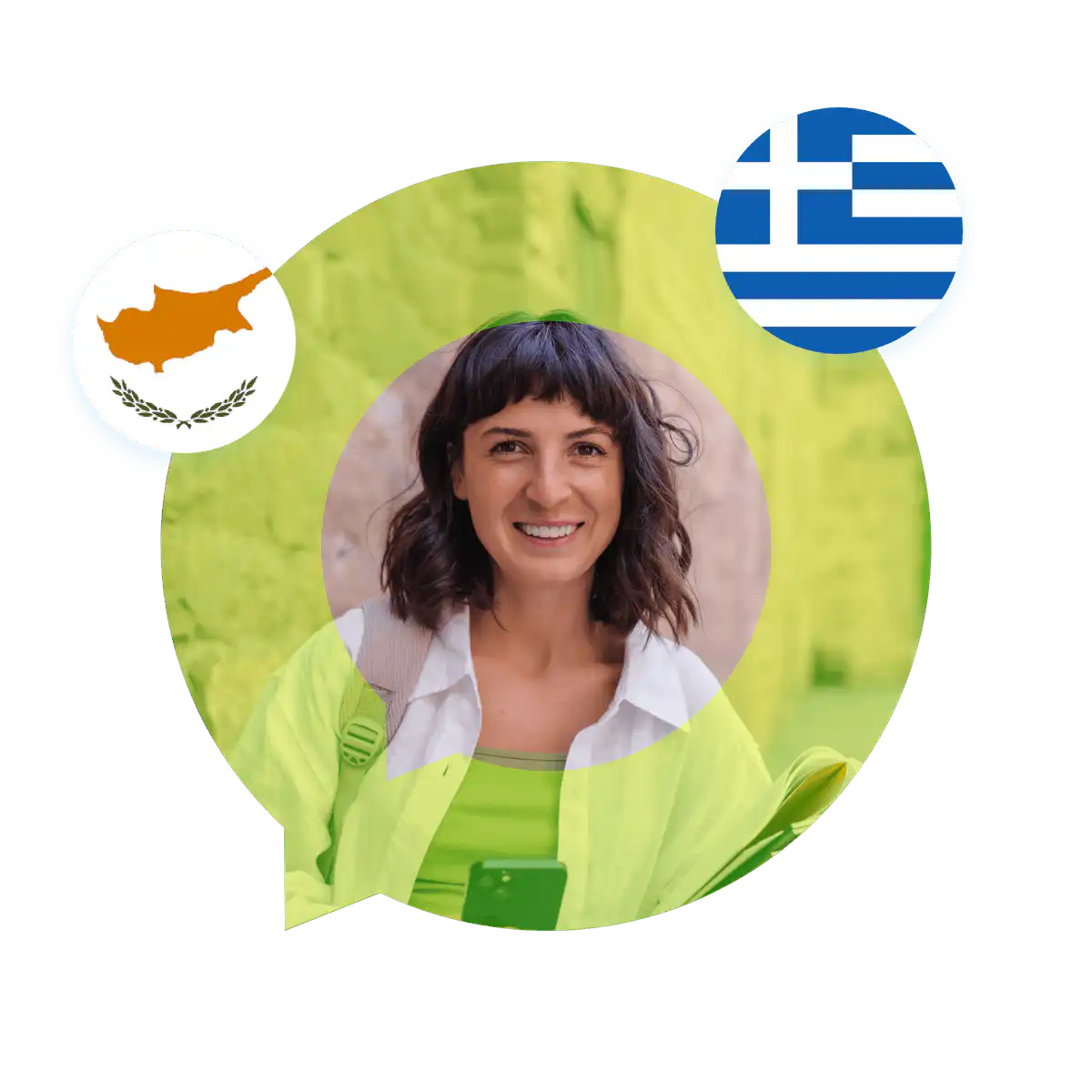 Portrait of a Greek language specialist in a speech bubble with the Greece and Cyprus flags. Greek Language Services
