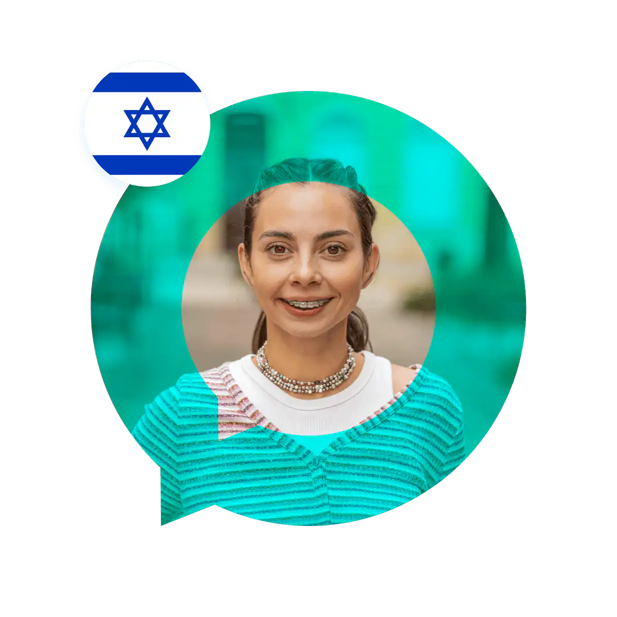 Portrait of a Hebrew language specialist in a speech bubble with the Israel flag. Hebrew Language Services
