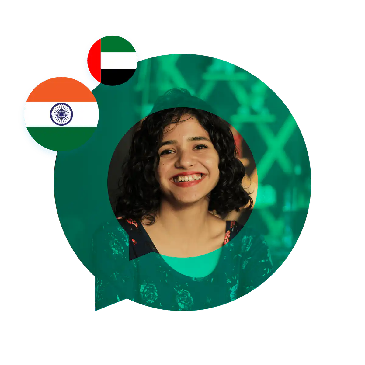 Portrait of a Hindi language specialist in a speech bubble with the India flag. Hindi Language Services