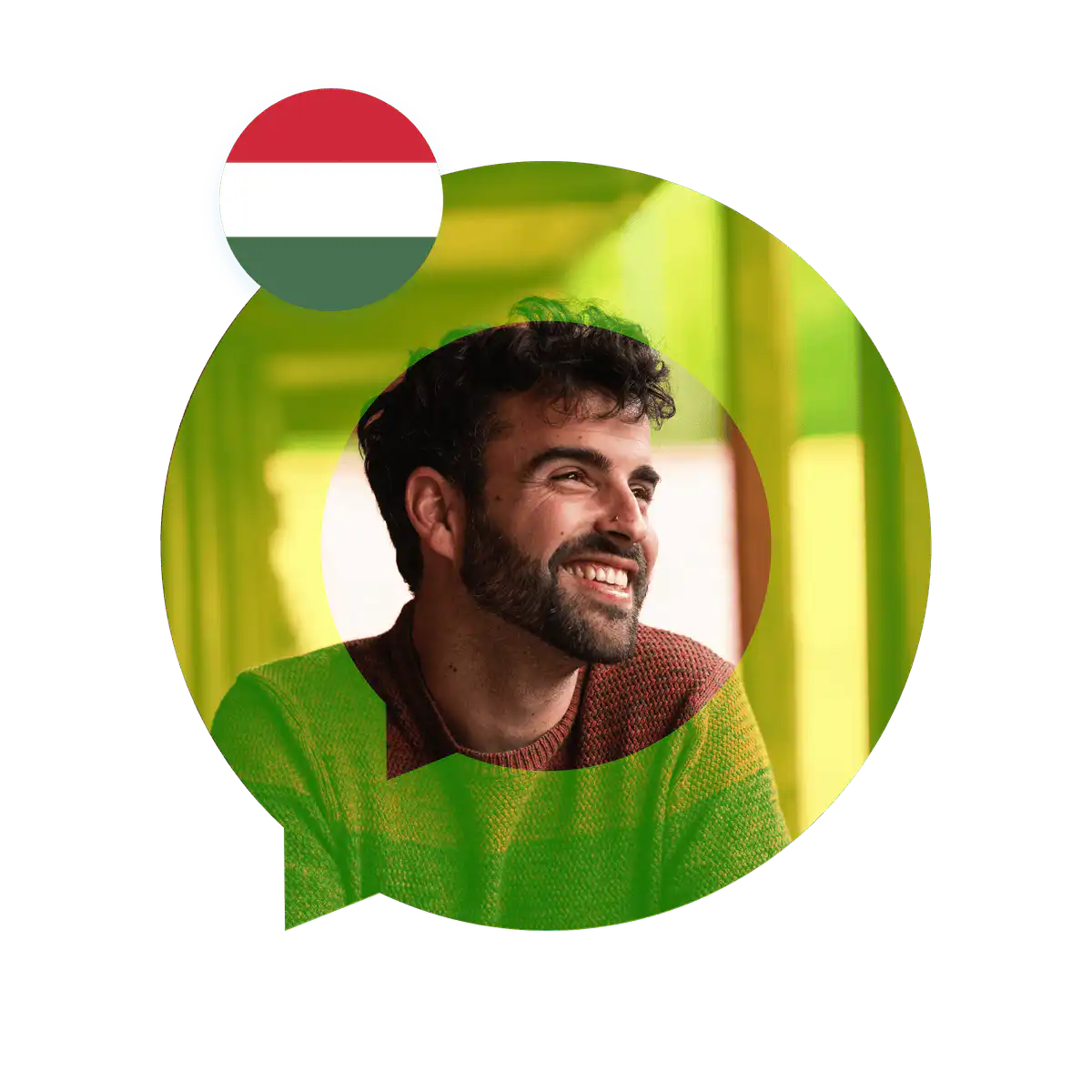 Portrait of a Hungarian language specialist in a speech bubble with the Hungary flag. Hungarian Language Services
