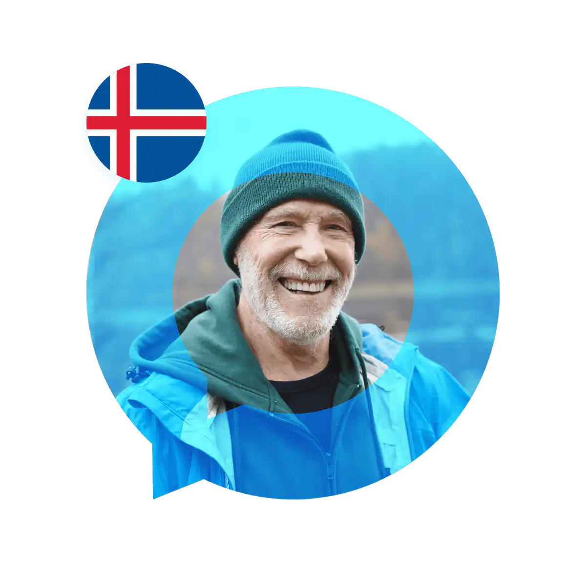 Portrait of an Icelandic language specialist in a speech bubble with the Iceland flag. Icelandic Language Services
