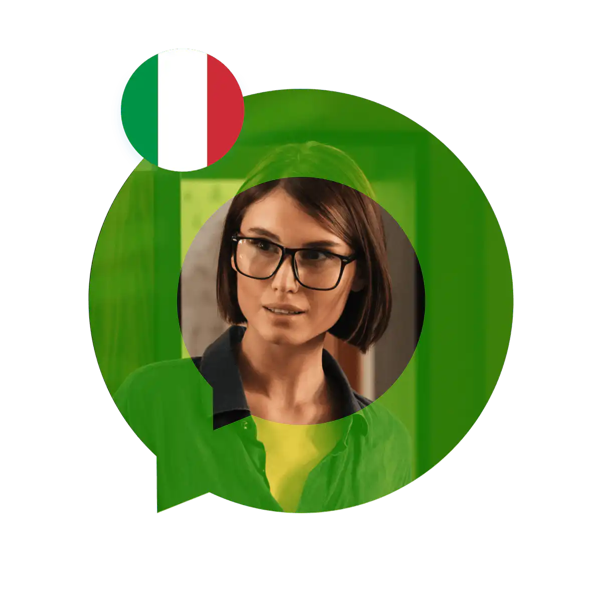 Portrait of an Italian language specialist in a speech bubble with the Italy flag. Italian Language Services