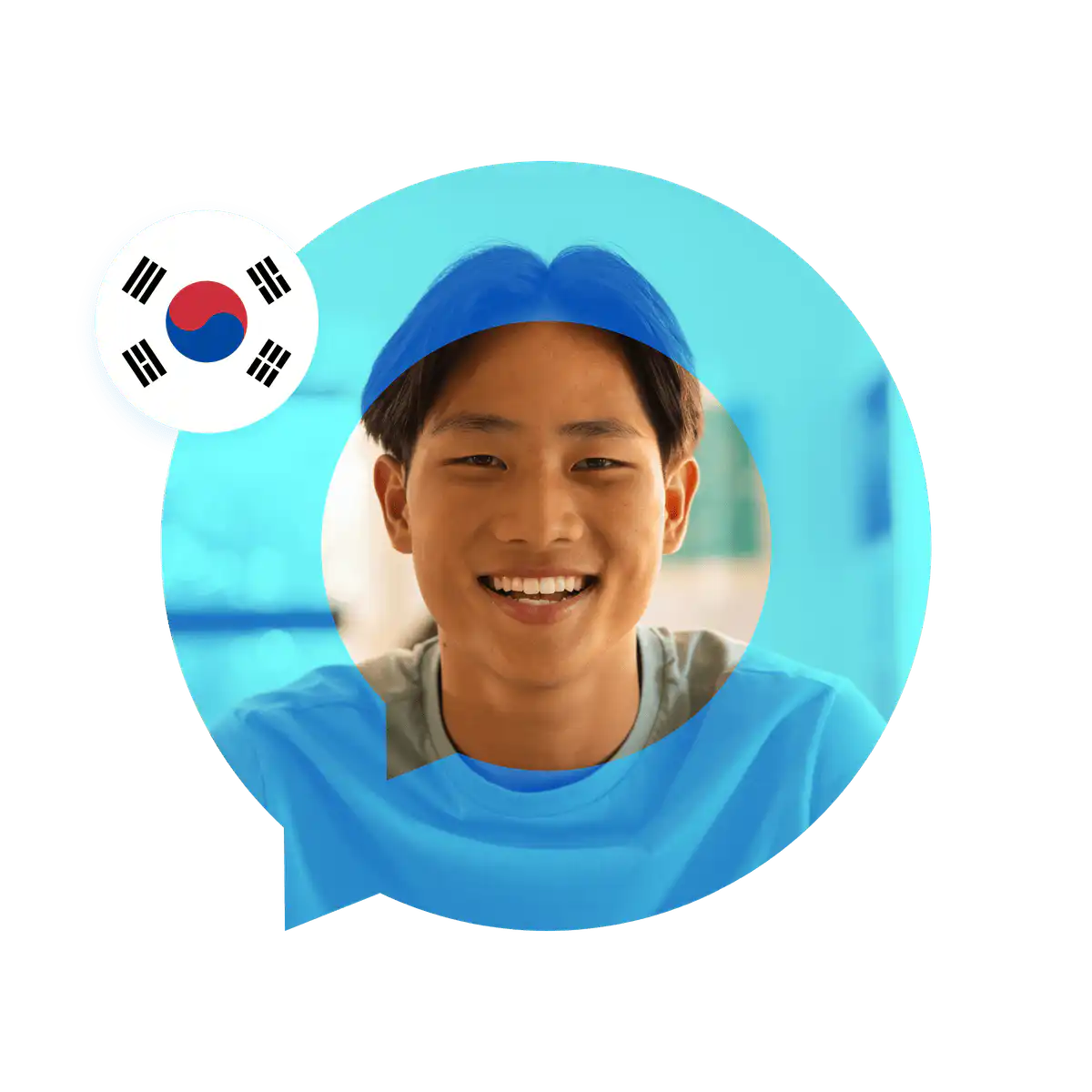 Portrait of a Korean language specialist in a speech bubble with the South Korea flag. Korean Language Services
