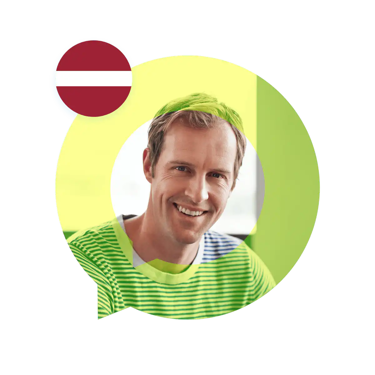 Portrait of a Latvian language specialist in a speech bubble with the Latvia flag. Latvian Language Services.