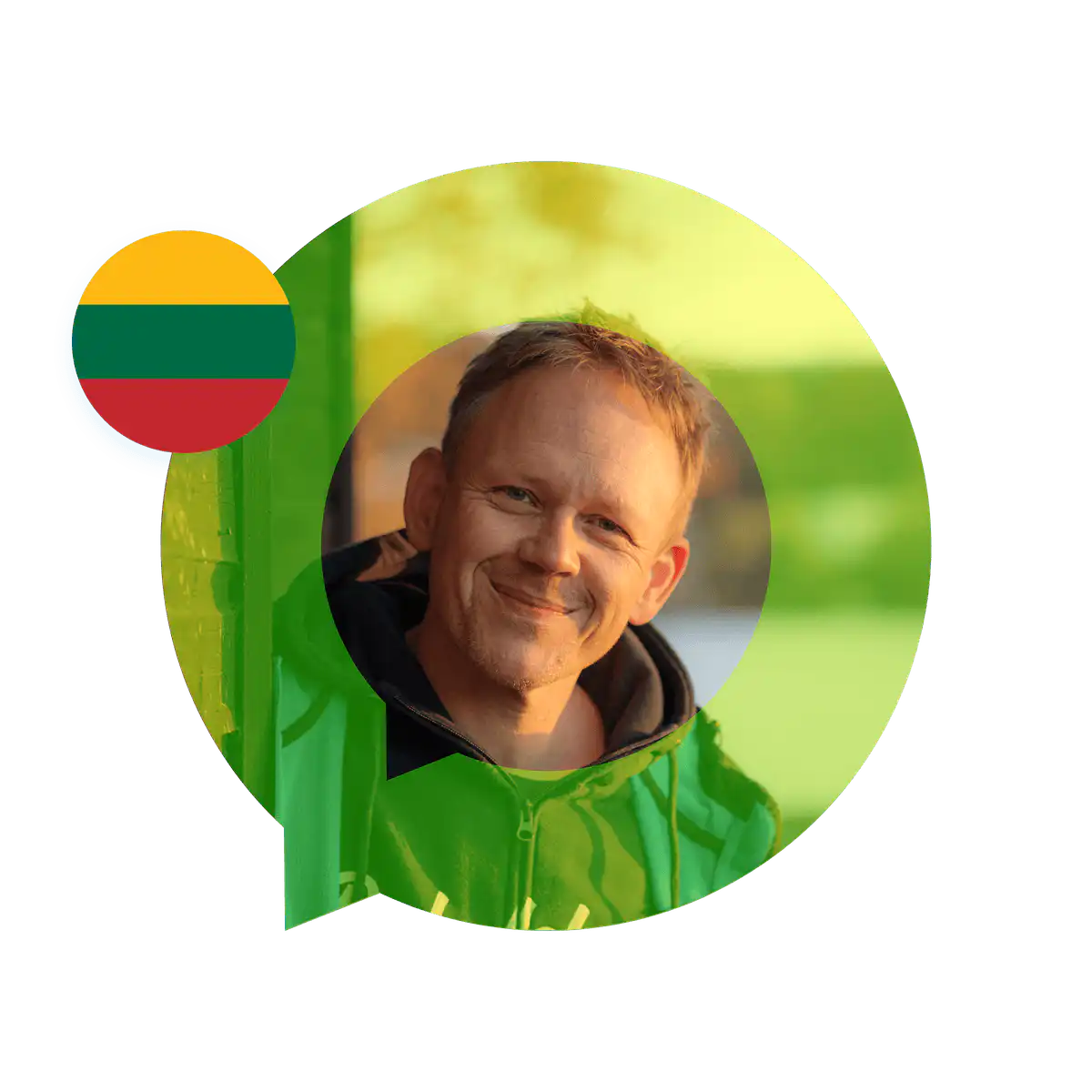 Portrait of a Lithuanian language specialist in a speech bubble with the Lithuania flag. Lithuanian Language Services