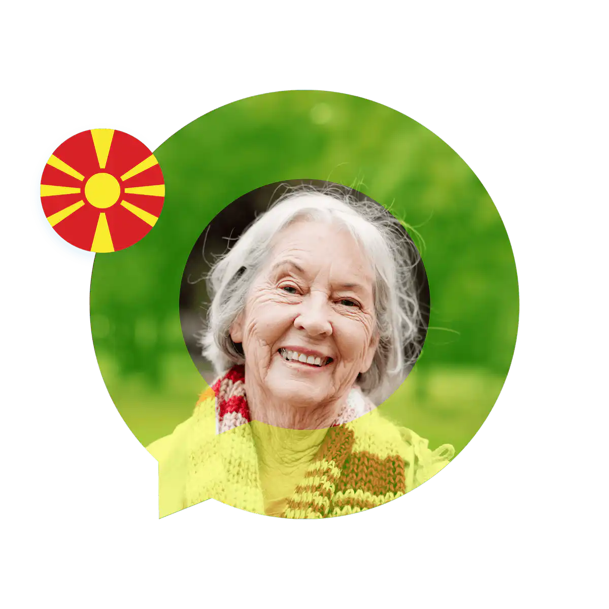 Portrait of a Macedonian language specialist in a speech bubble with the North Macedonia flag. Macedonian Language Services