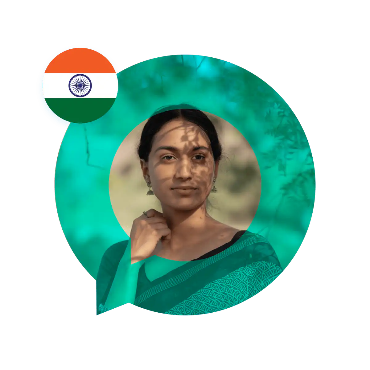 Portrait of a smiling Marathi language specialist in a speech bubble with the India flag icon. Marathi Language Services