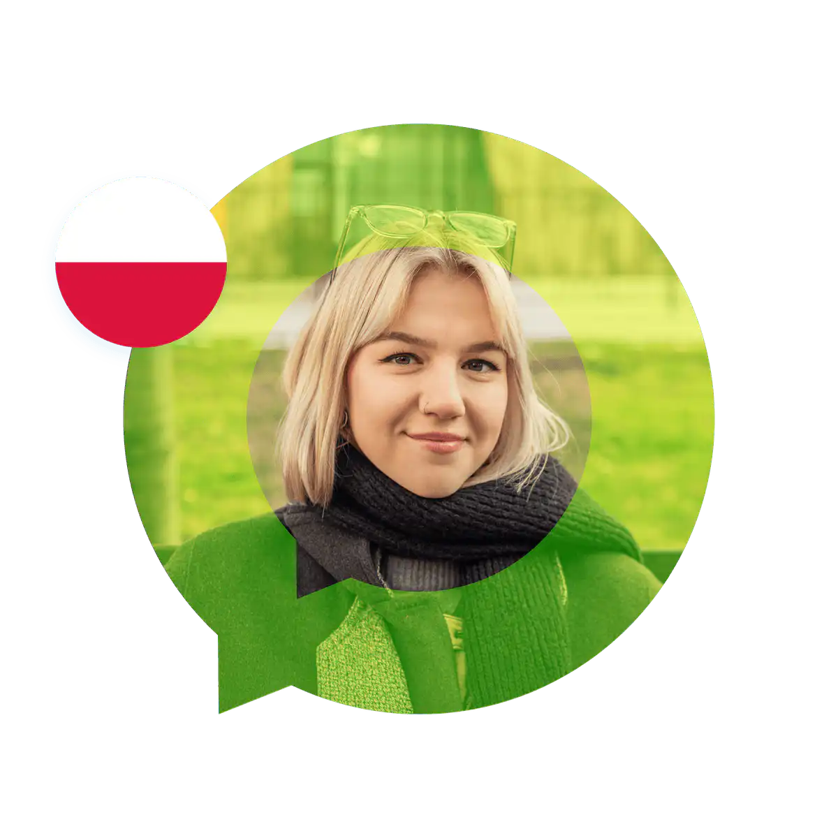 Portrait of a Polish language specialist in a speech bubble with the Poland flag. Polish Language Services