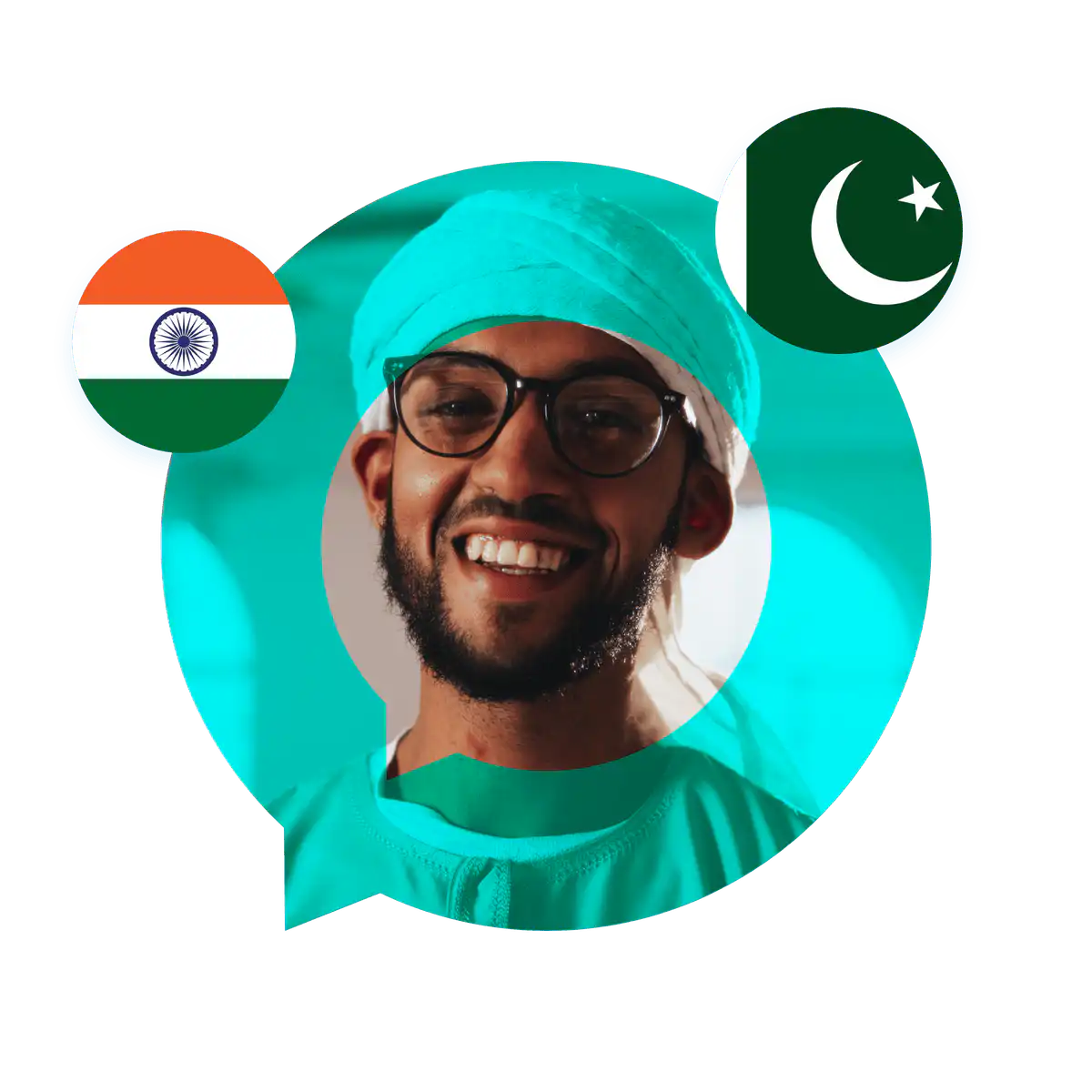 Portrait of a Punjabi language specialist in a speech bubble with India and Pakistan flags. Punjabi Language Services
