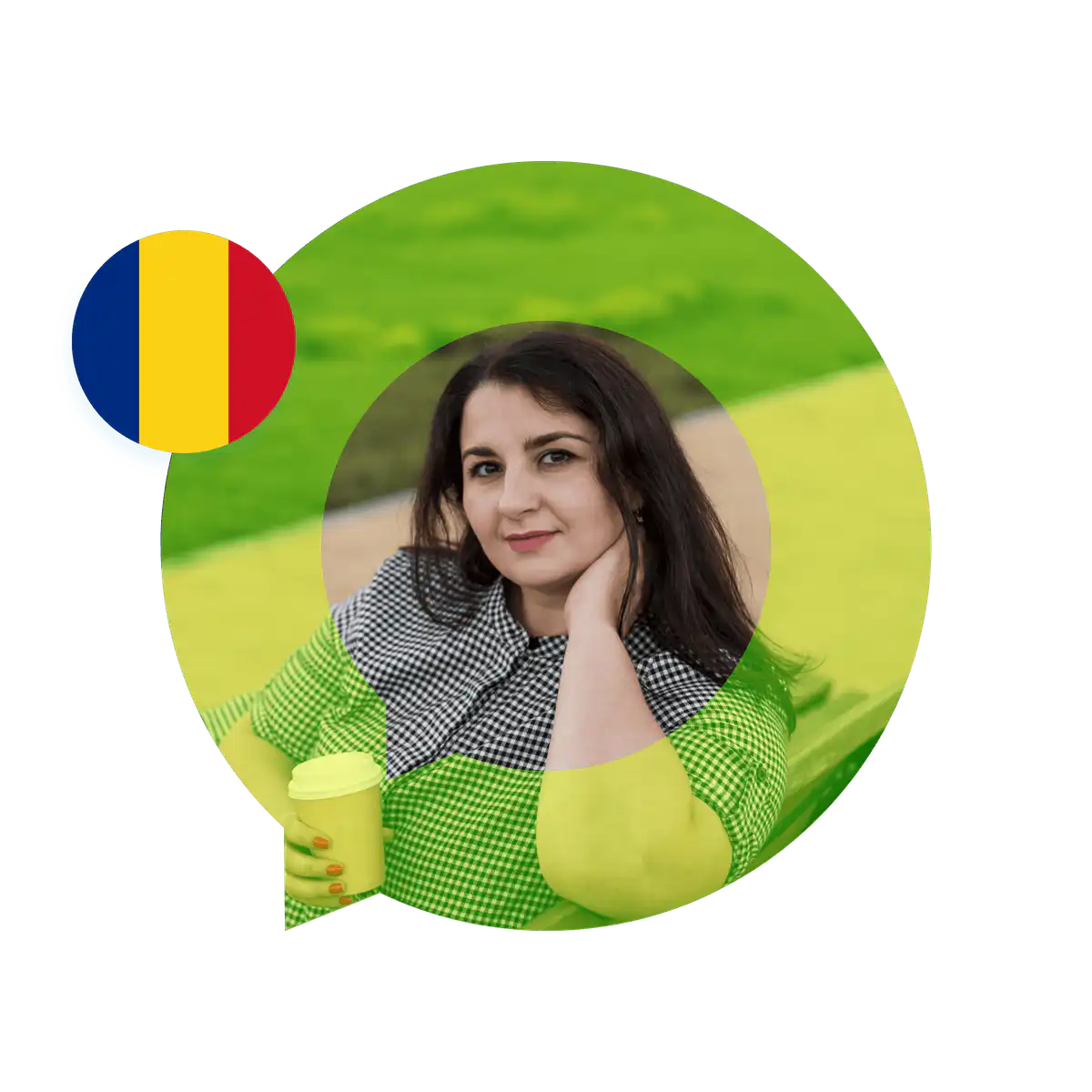 Portrait of a Romanian language specialist in a speech bubble with the Romania flag. Romanian Language Services
