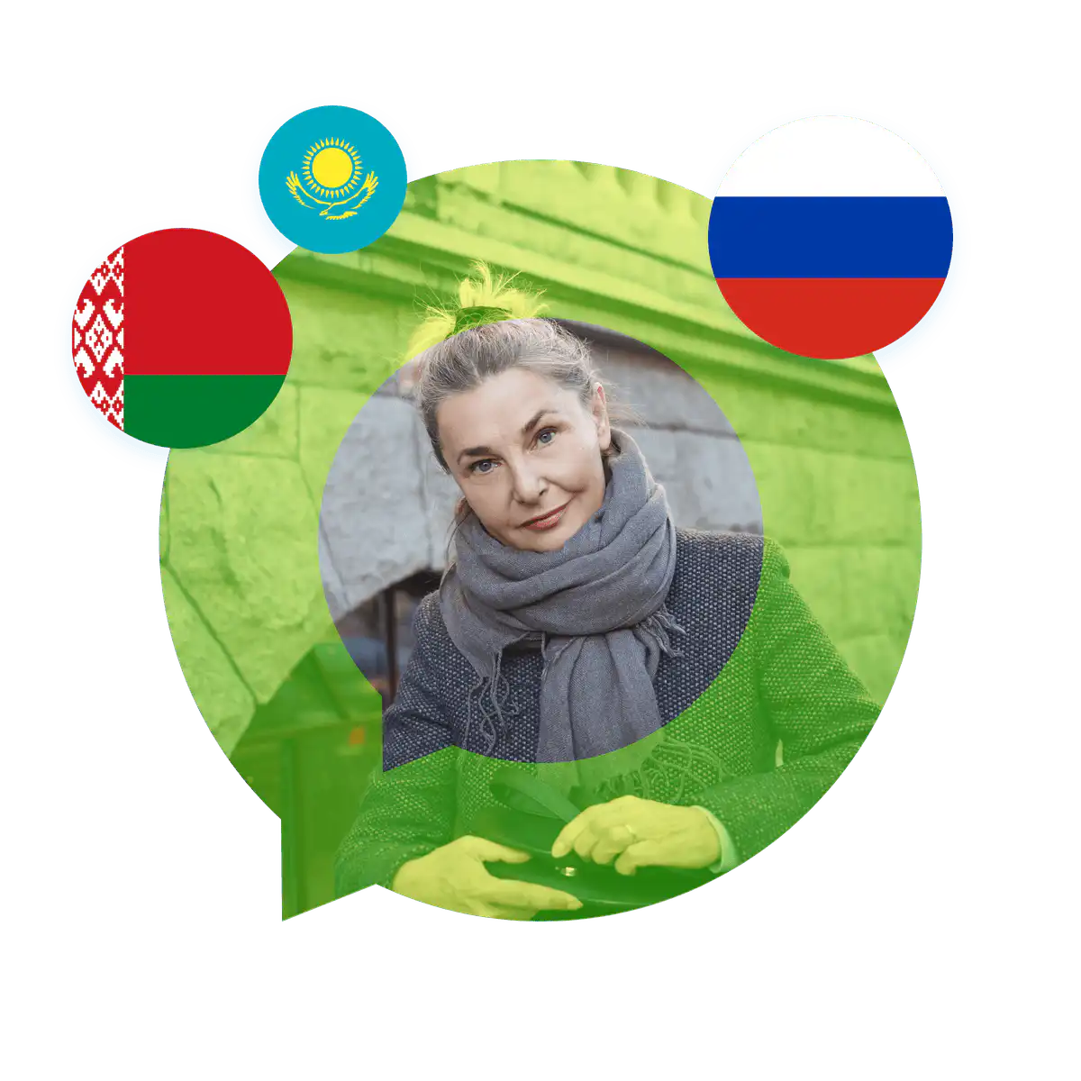 Portrait of a Russian language specialist in a speech bubble with the Russia flag. Russian Language Services
