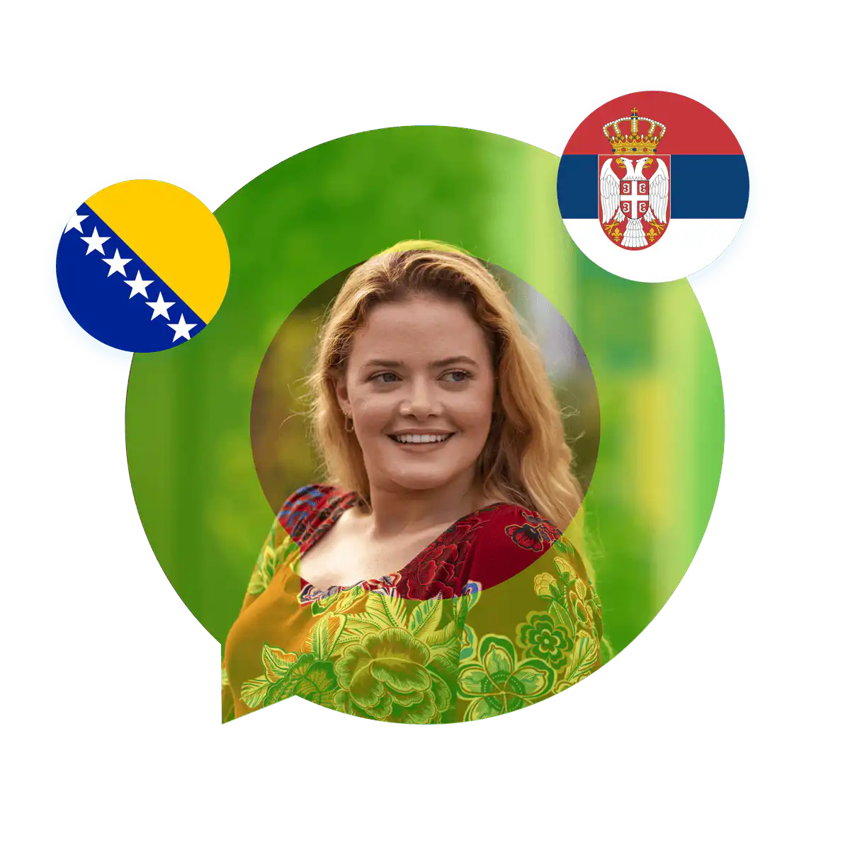 Portrait of a Serbian language specialist in a speech bubble with the Serbia flag. Serbian Language Services