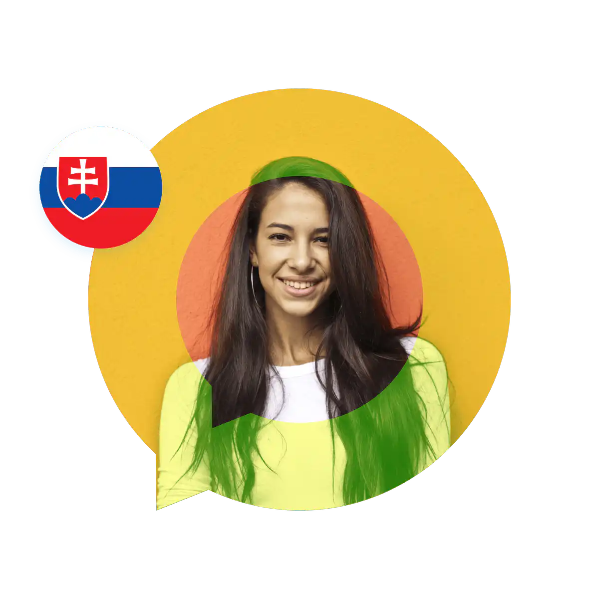 Portrait of a Slovak language specialist in a speech bubble with the Slovakia flag. Slovak Language Services
