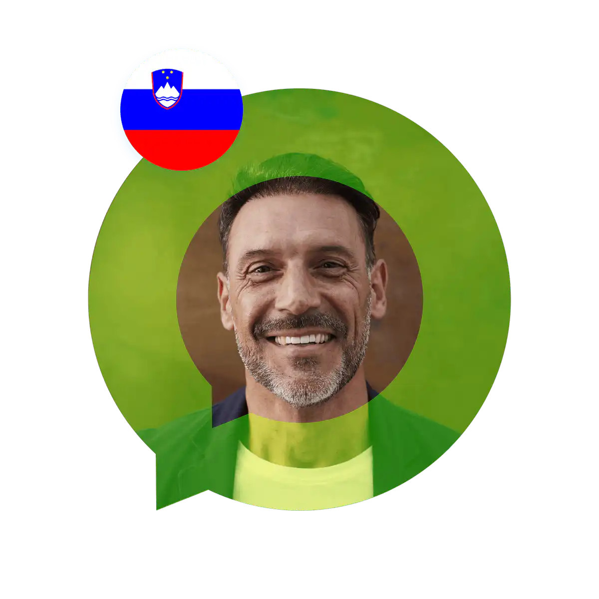 Portrait of a Slovenian language specialist in a speech bubble with the Slovenia flag. Slovenian Language Services