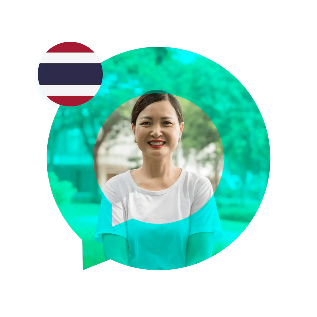 Portrait of a Thai language specialist in a speech bubble with the Thailand flag. Thai Language Services