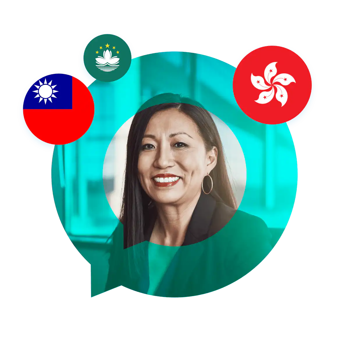 Portrait of a Traditional Chinese language specialist in a speech bubble with Hong Kong and Taiwan flags. Traditional Chinese Language Services
