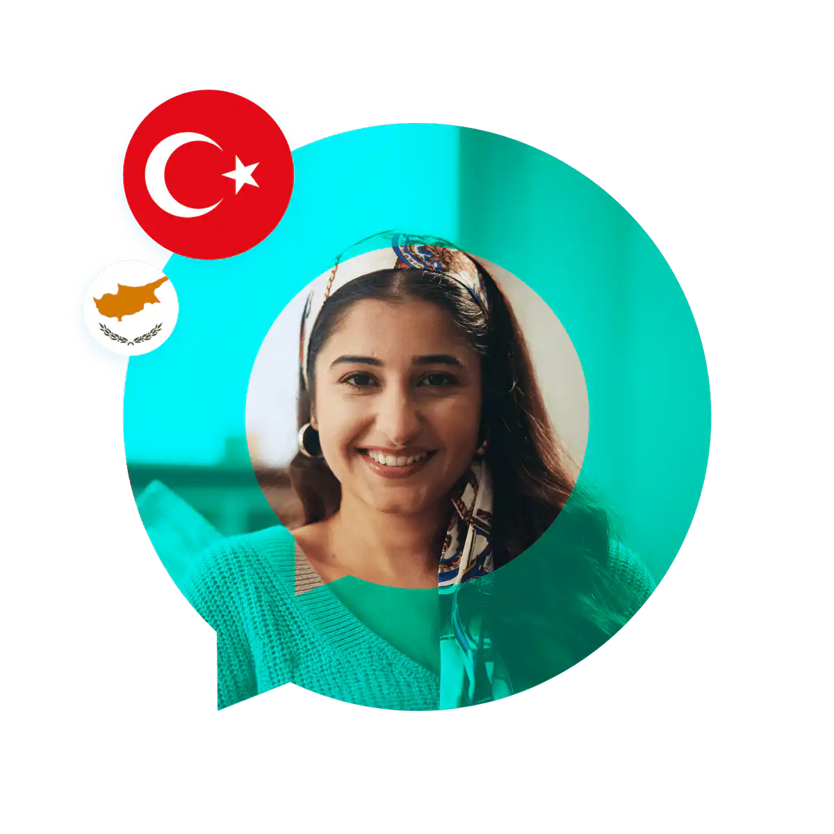 Portrait of a Turkish language specialist in a speech bubble with the Turkey flag. Turkish Language Services