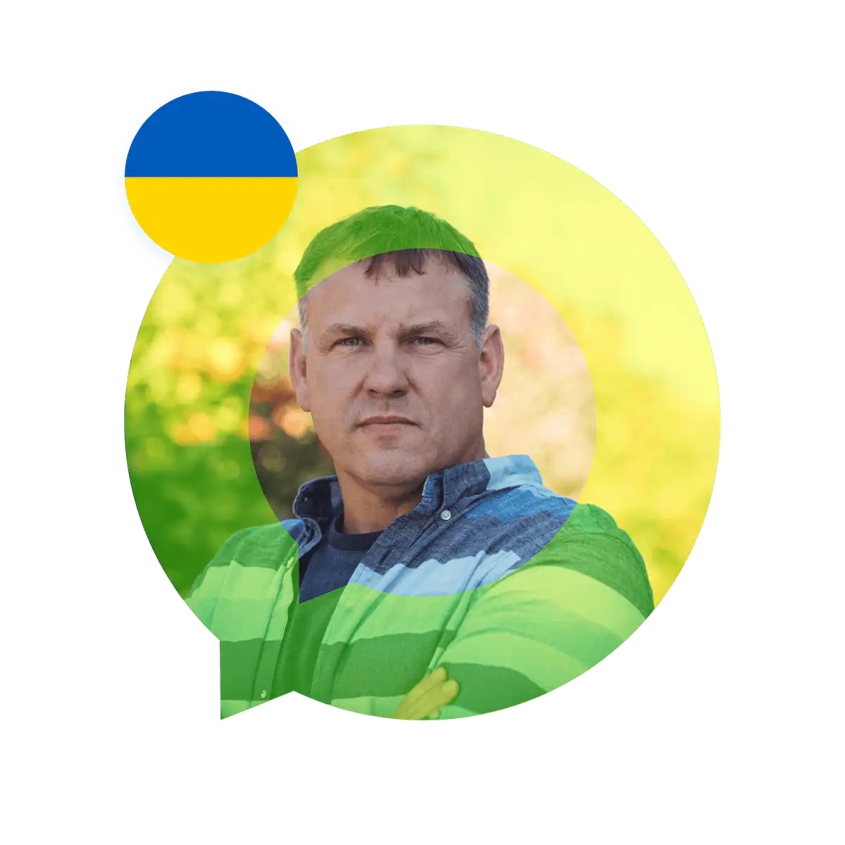 Portrait of a Ukrainian language specialist in a speech bubble with the Ukraine flag. Ukrainian Language Services