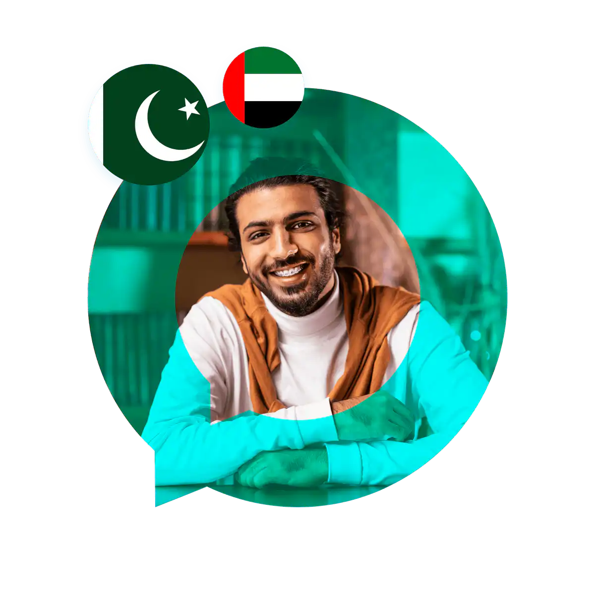 Portrait of an Urdu language specialist in a speech bubble with the Pakistan flag. Urdu Language Services.