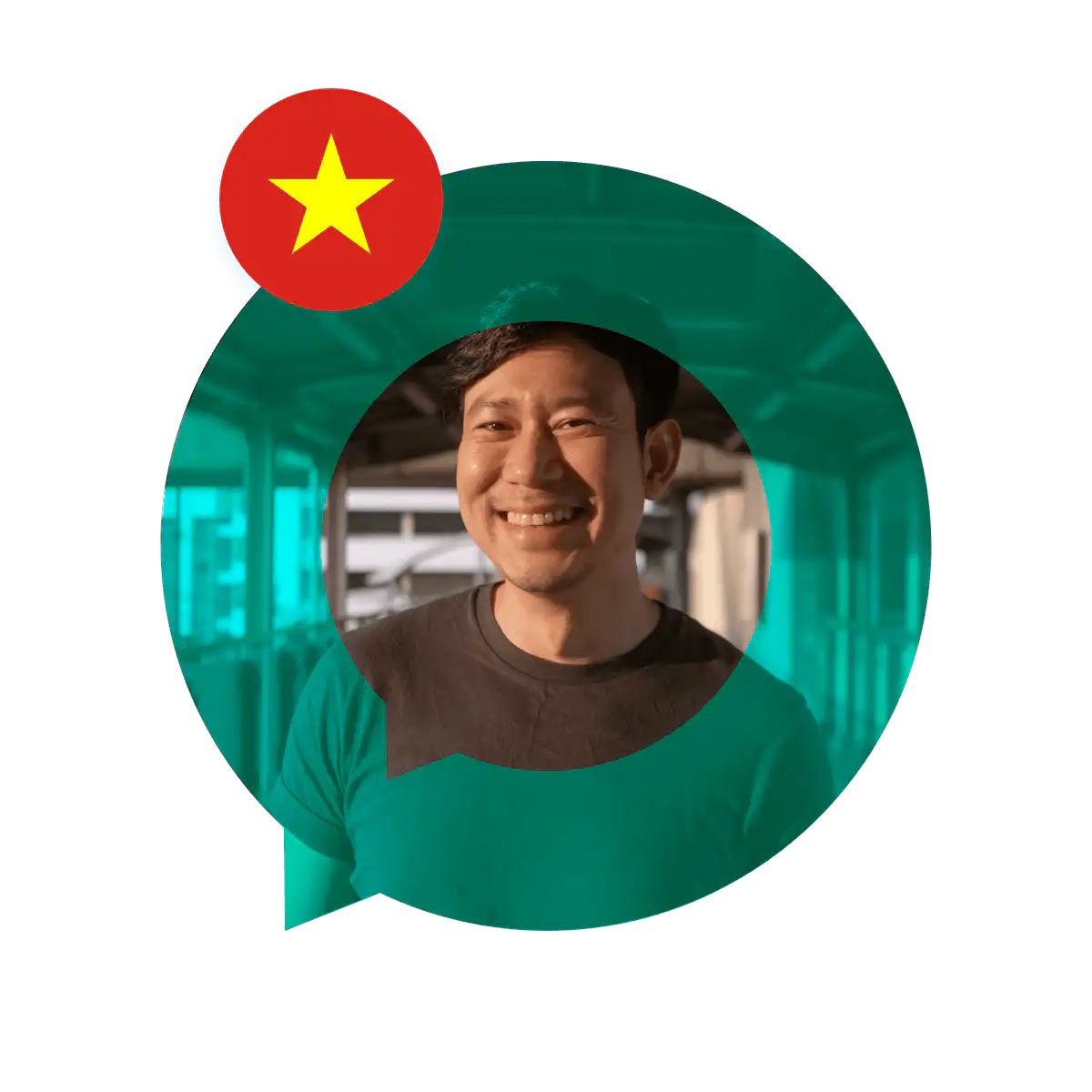 Portrait of a Vietnamese language specialist in a speech bubble with the Vietnam flag. Vietnamese Language Services.