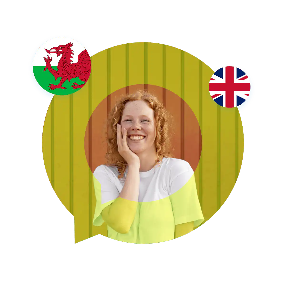 Portrait of a Welsh language specialist in a speech bubble with the Wales flag. Welsh Language Services
