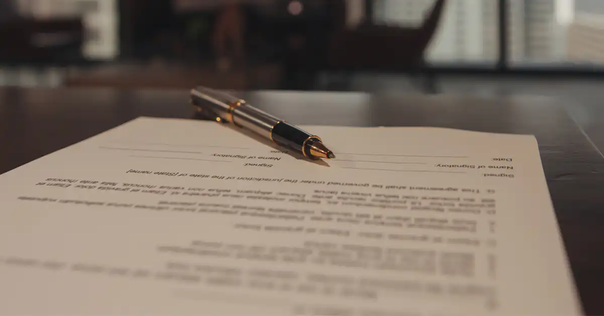 a photo of a pen lying on top of documents on a desk with a blurred office background.