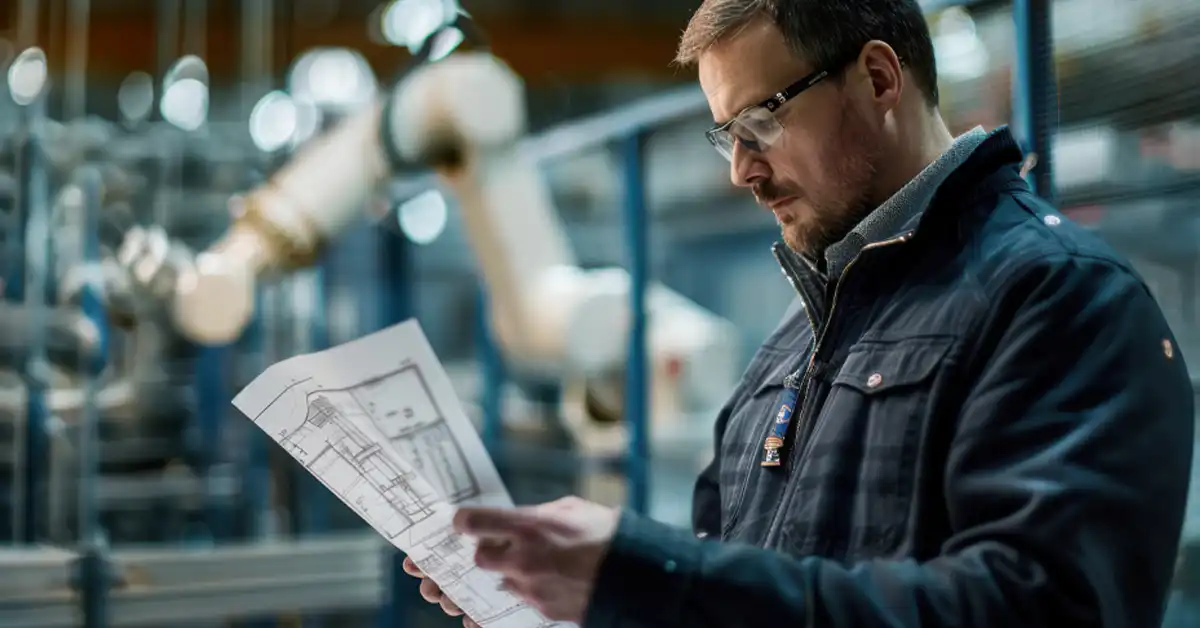 focused engineer wearing safety glasses reviews technical documentation to solve manufacturing challenges in a high-tech factory setting