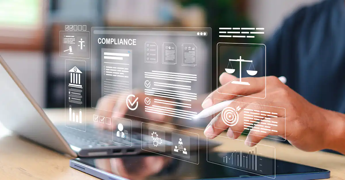 a photo of a woman in an office setting touching a tablet, which displays icons of legal and compliance. A hand on a laptop is behind that tablet