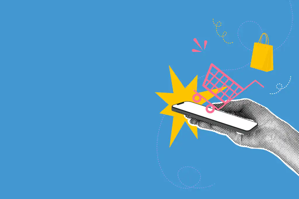 Retail digital touchpoints illustration of mobile commerce with smartphone and shopping icons